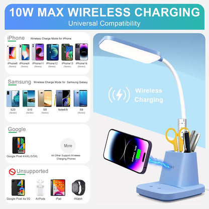 LED Desk Lamp with 10W Wireless Charging & Pen Holder, Black