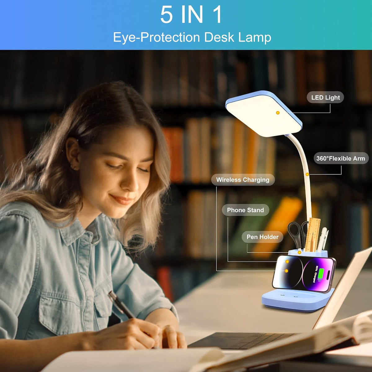 LED Desk Lamp with 10W Wireless Charging & Pen Holder, Black