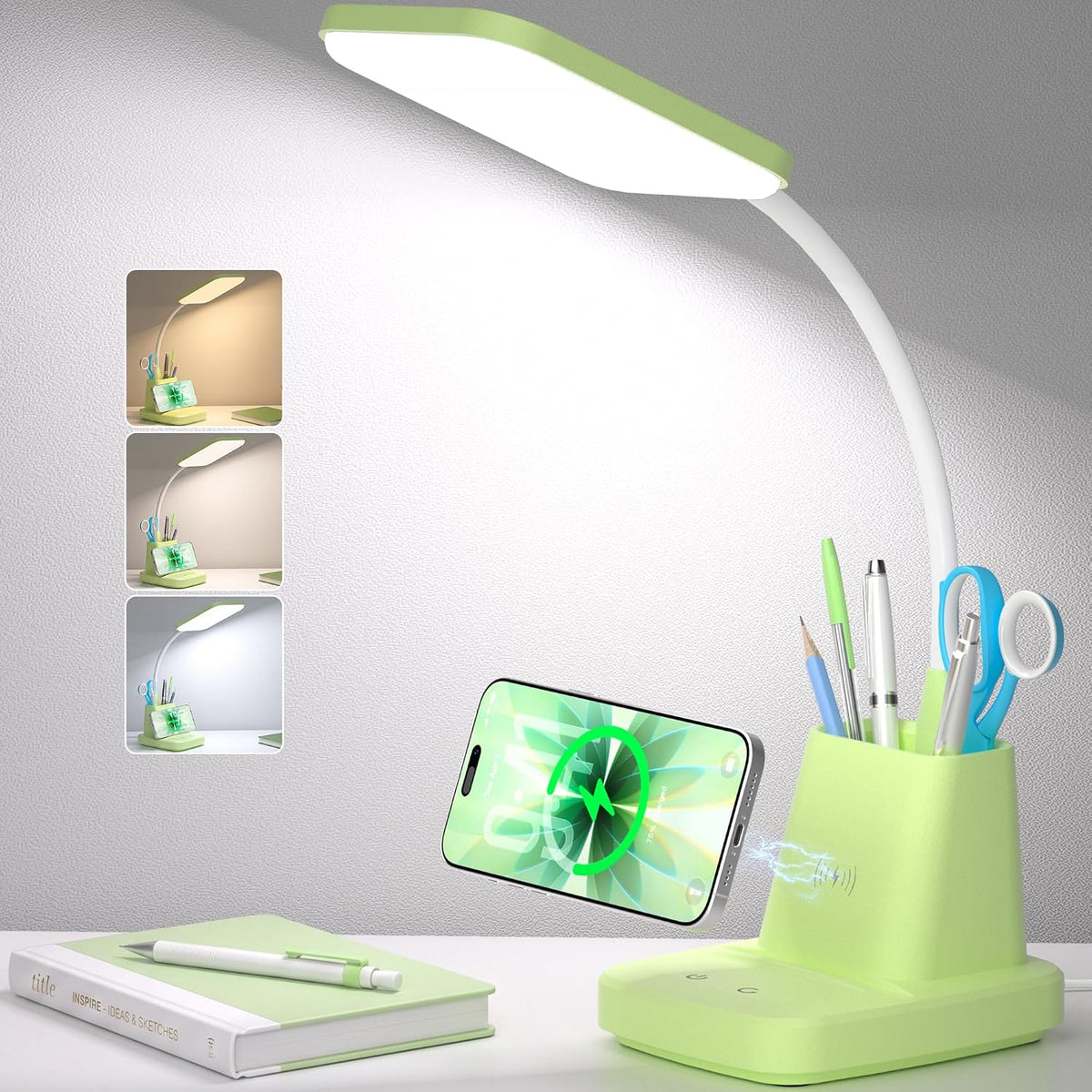 LED Desk Lamp with 10W Wireless Charging & Pen Holder, Black