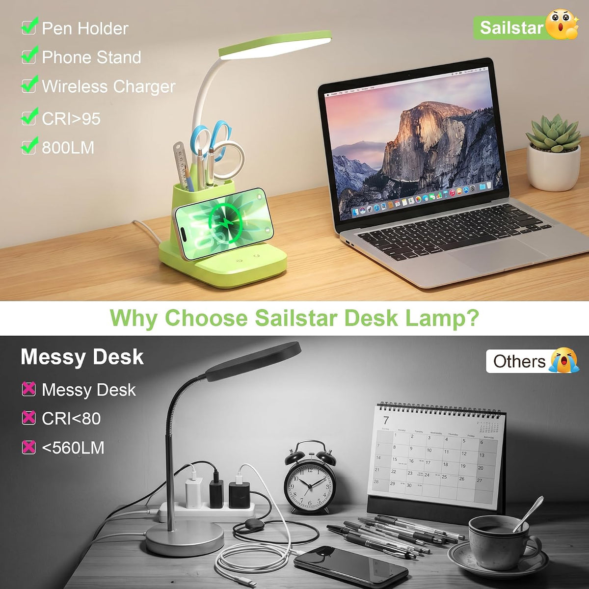 LED Desk Lamp with 10W Wireless Charging & Pen Holder, Black
