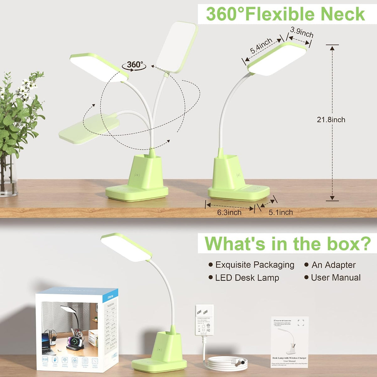 LED Desk Lamp with 10W Wireless Charging & Pen Holder, Black