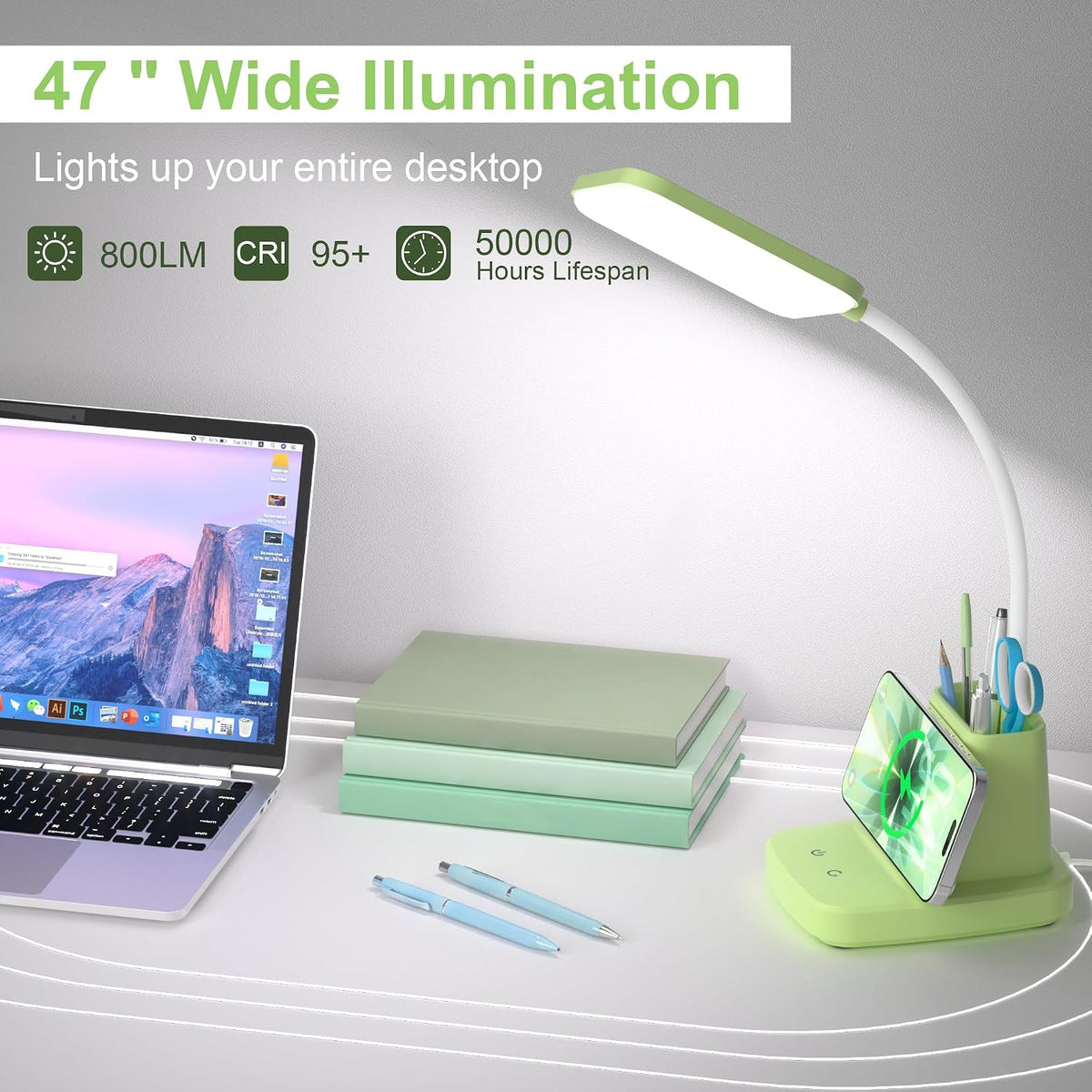 LED Desk Lamp with 10W Wireless Charging & Pen Holder, Black