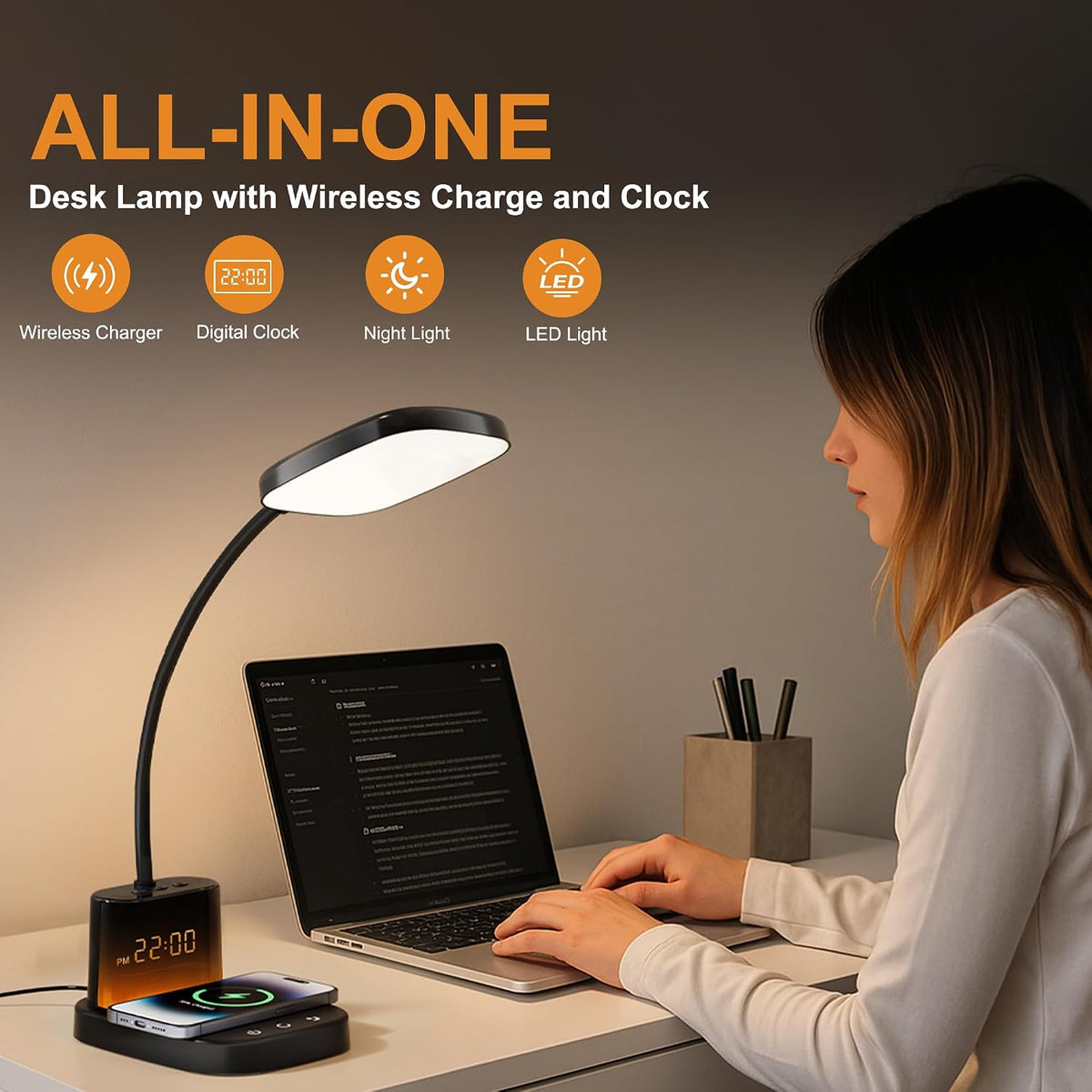 LED Desk Lamp with 10W Wireless Charging & Pen Holder, Black