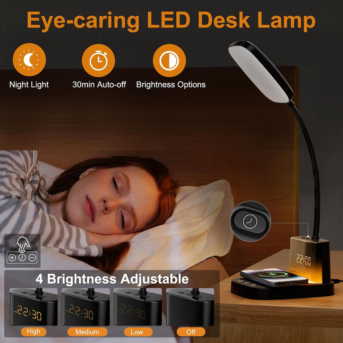 LED Desk Lamp with 10W Wireless Charging & Pen Holder, Black