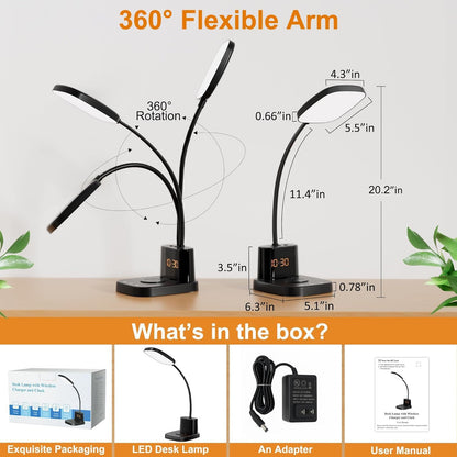 LED Desk Lamp with 10W Wireless Charging & Pen Holder, Black