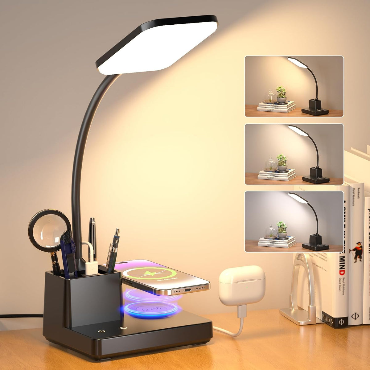 LED Desk Lamp with 10W Wireless Charging & Pen Holder, Black