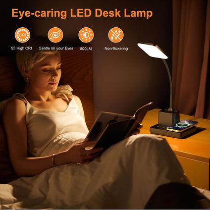 LED Desk Lamp with 10W Wireless Charging & Pen Holder, Black