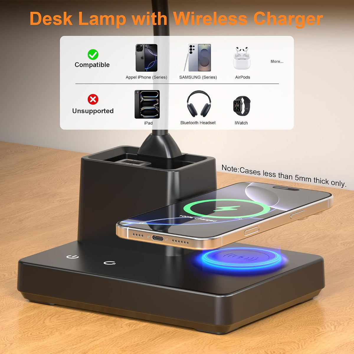 LED Desk Lamp with 10W Wireless Charging & Pen Holder, Black