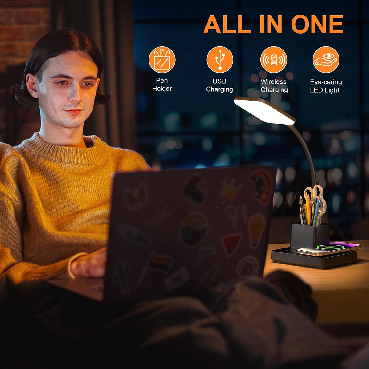 LED Desk Lamp with 10W Wireless Charging & Pen Holder, Black