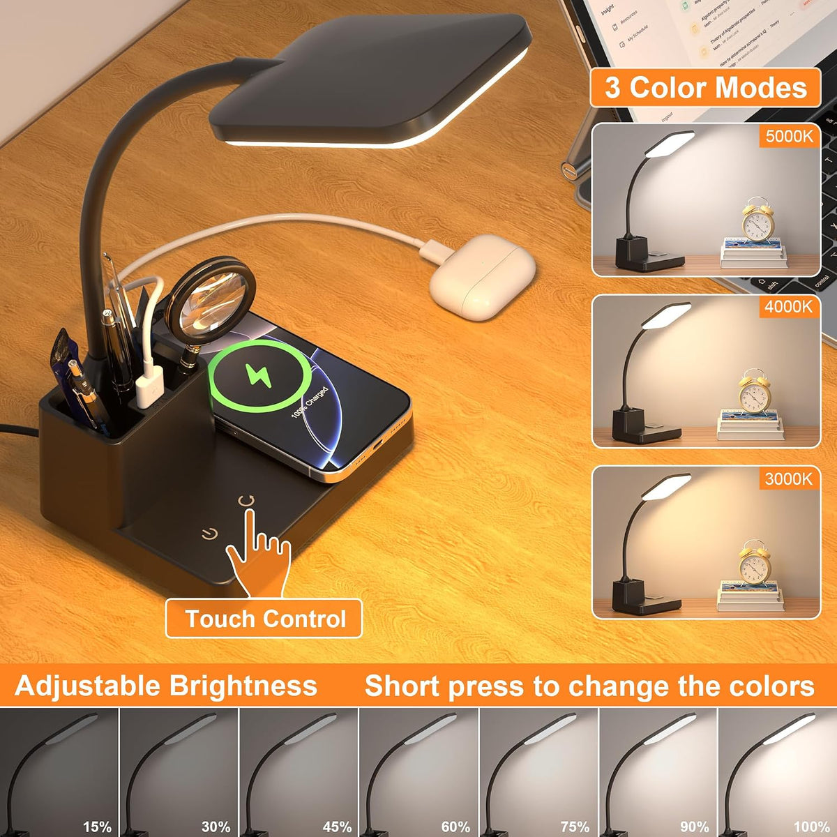 LED Desk Lamp with 10W Wireless Charging & Pen Holder, Black