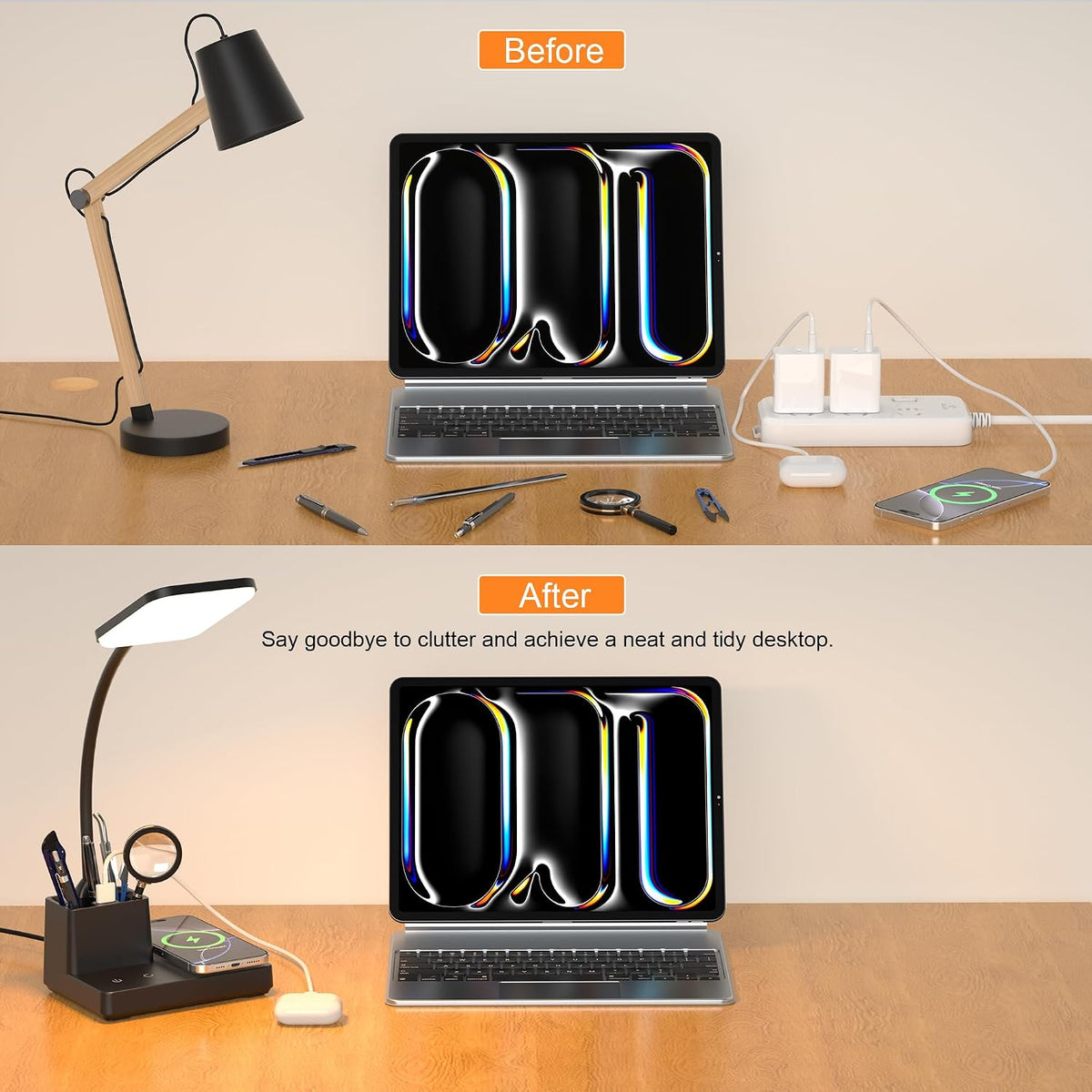 LED Desk Lamp with 10W Wireless Charging & Pen Holder, Black