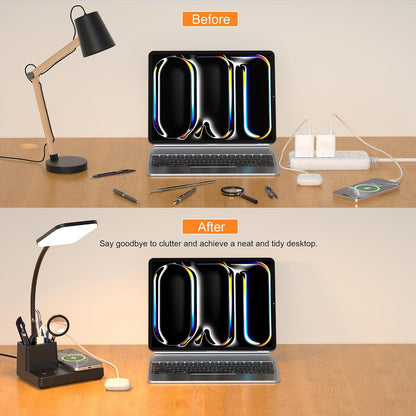 LED Desk Lamp with 10W Wireless Charging & Pen Holder, Black