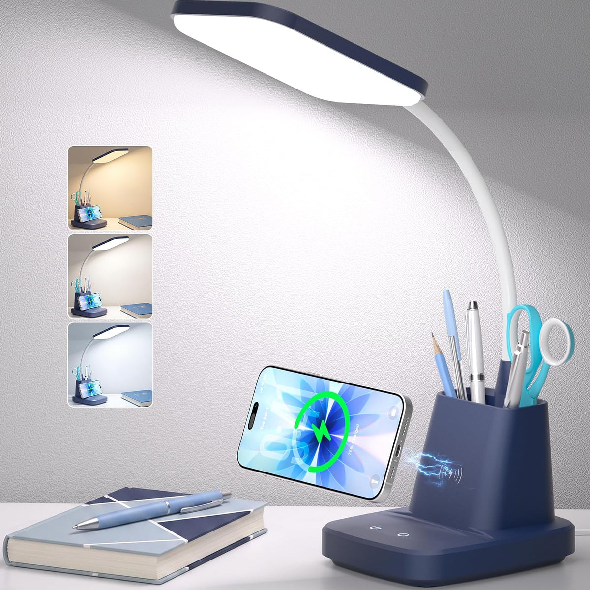 LED Desk Lamp with 10W Wireless Charging & Pen Holder, Black