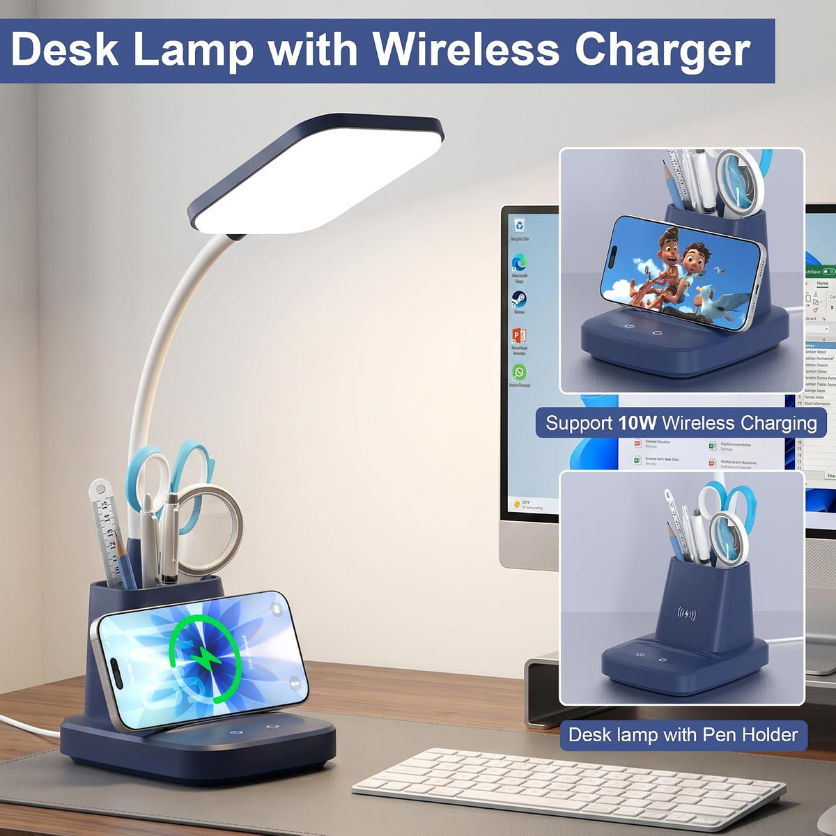 LED Desk Lamp with 10W Wireless Charging & Pen Holder, Black