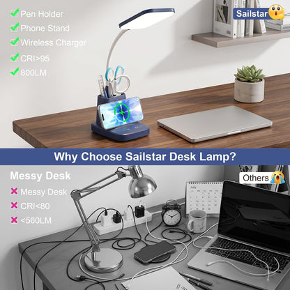 LED Desk Lamp with 10W Wireless Charging & Pen Holder, Black
