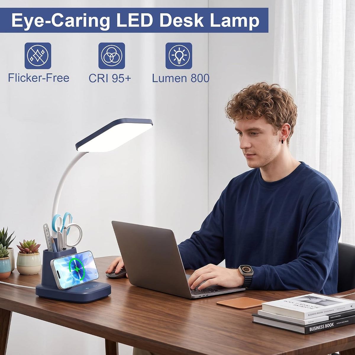 LED Desk Lamp with 10W Wireless Charging & Pen Holder, Black
