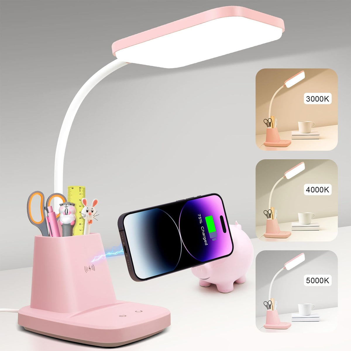 LED Desk Lamp with 10W Wireless Charging & Pen Holder, Black