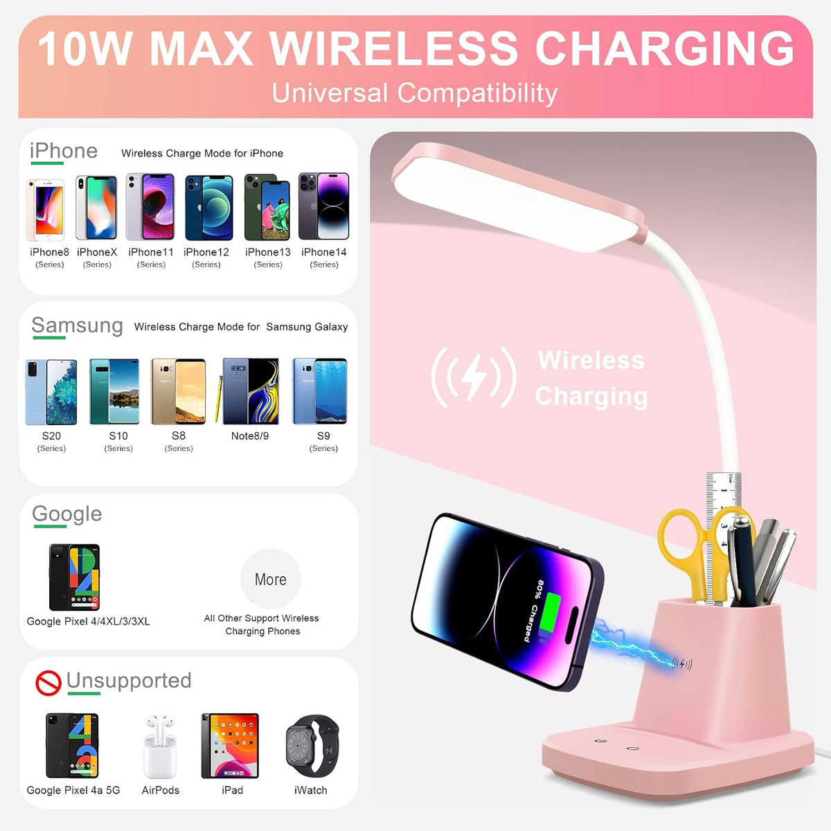LED Desk Lamp with 10W Wireless Charging & Pen Holder, Black
