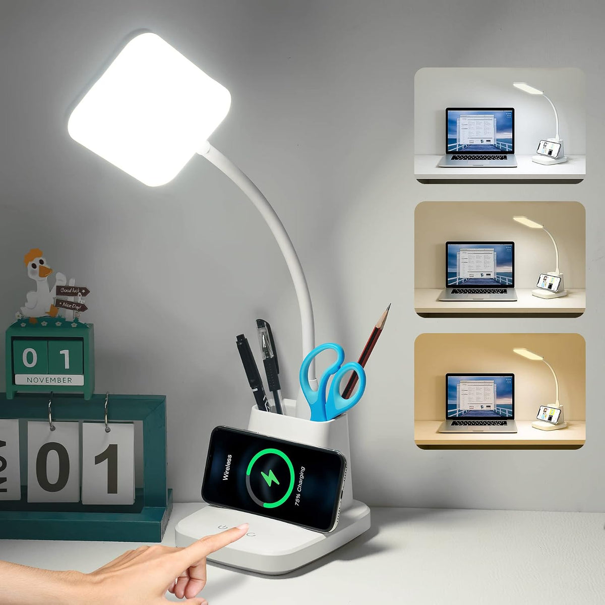 LED Desk Lamp with 10W Wireless Charging & Pen Holder, Black