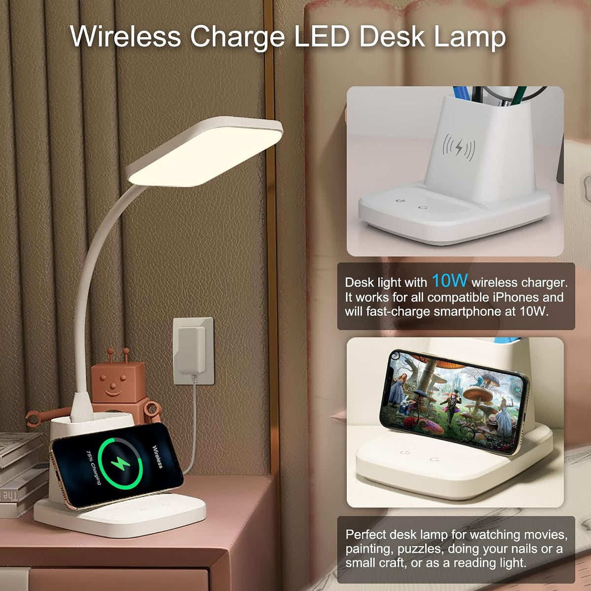 LED Desk Lamp with 10W Wireless Charging & Pen Holder, Black