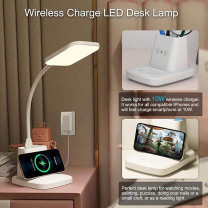 LED Desk Lamp with 10W Wireless Charging & Pen Holder, Black