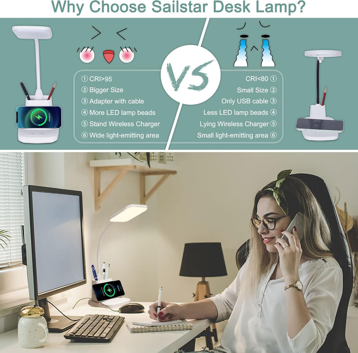 LED Desk Lamp with 10W Wireless Charging & Pen Holder, Black
