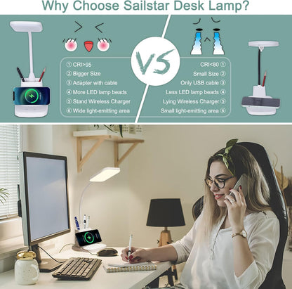 LED Desk Lamp with 10W Wireless Charging & Pen Holder, Black