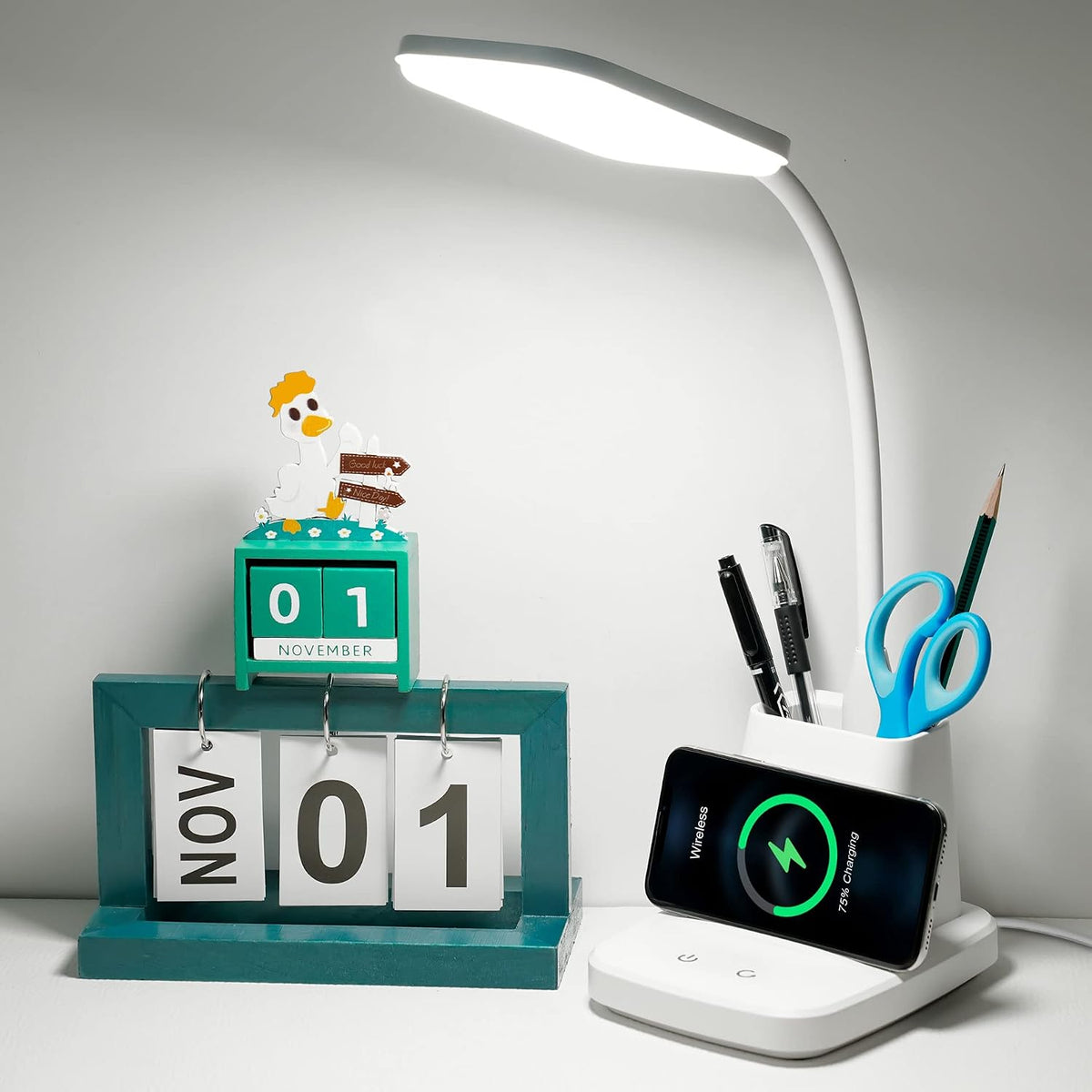 LED Desk Lamp with 10W Wireless Charging & Pen Holder, Black