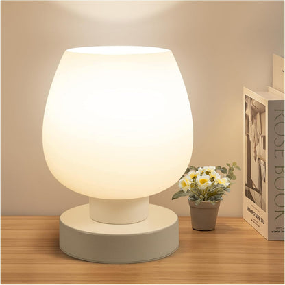 Small Bedside Lamp for Bedroom, 3-Way Dimmable Touch Control, 600 Lumen Bright Opal Glass Shade, 7.5 Inch Ultra Compact Nightstand Lamp, Warm White 2700K LED Bulb Included, Modern Design