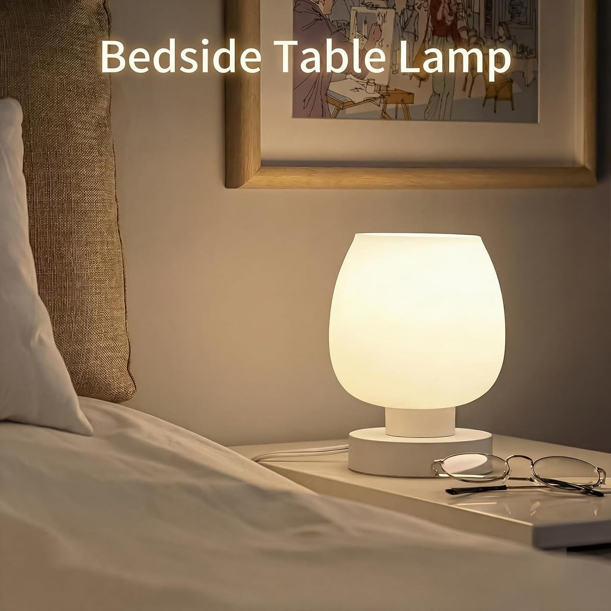Small Bedside Lamp for Bedroom, 3-Way Dimmable Touch Control, 600 Lumen Bright Opal Glass Shade, 7.5 Inch Ultra Compact Nightstand Lamp, Warm White 2700K LED Bulb Included, Modern Design