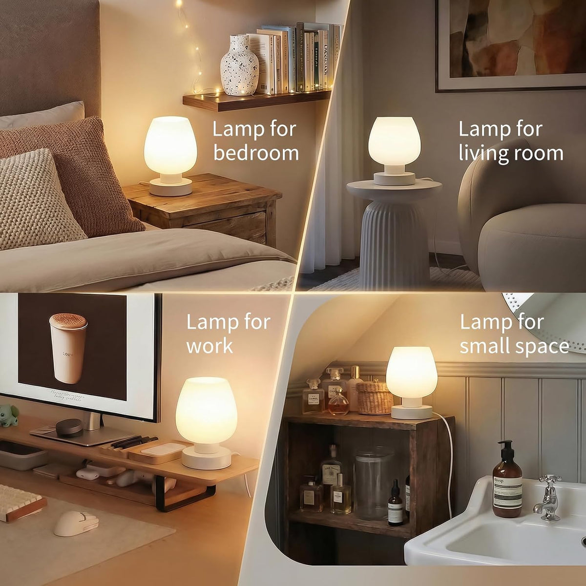 Small Bedside Lamp for Bedroom, 3-Way Dimmable Touch Control, 600 Lumen Bright Opal Glass Shade, 7.5 Inch Ultra Compact Nightstand Lamp, Warm White 2700K LED Bulb Included, Modern Design