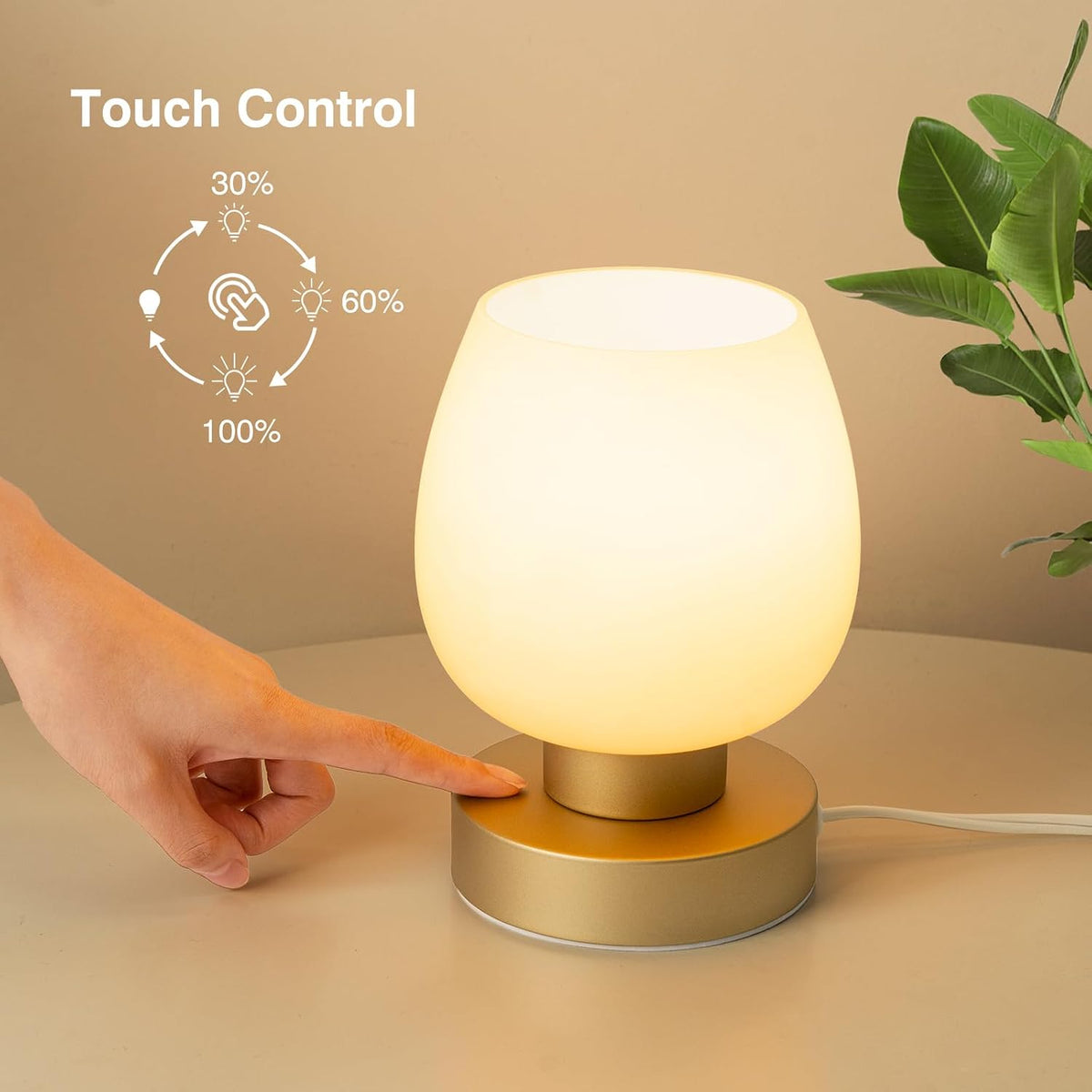 Small Bedside Lamp for Bedroom, 3-Way Dimmable Touch Control, 600 Lumen Bright Opal Glass Shade, 7.5 Inch Ultra Compact Nightstand Lamp, Warm White 2700K LED Bulb Included, Modern Design