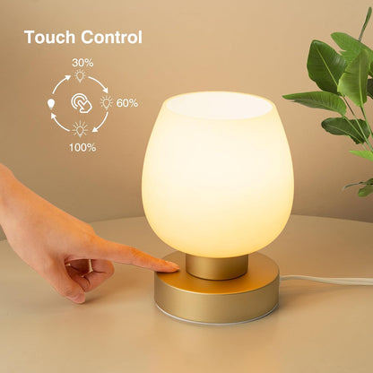Small Bedside Lamp for Bedroom, 3-Way Dimmable Touch Control, 600 Lumen Bright Opal Glass Shade, 7.5 Inch Ultra Compact Nightstand Lamp, Warm White 2700K LED Bulb Included, Modern Design