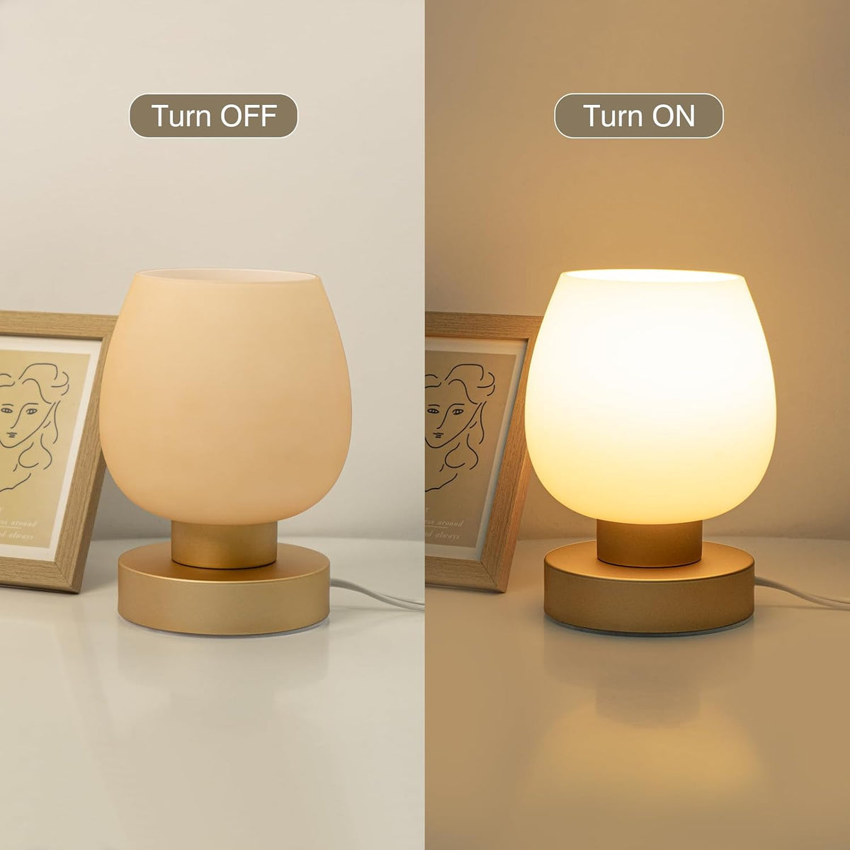 Small Bedside Lamp for Bedroom, 3-Way Dimmable Touch Control, 600 Lumen Bright Opal Glass Shade, 7.5 Inch Ultra Compact Nightstand Lamp, Warm White 2700K LED Bulb Included, Modern Design