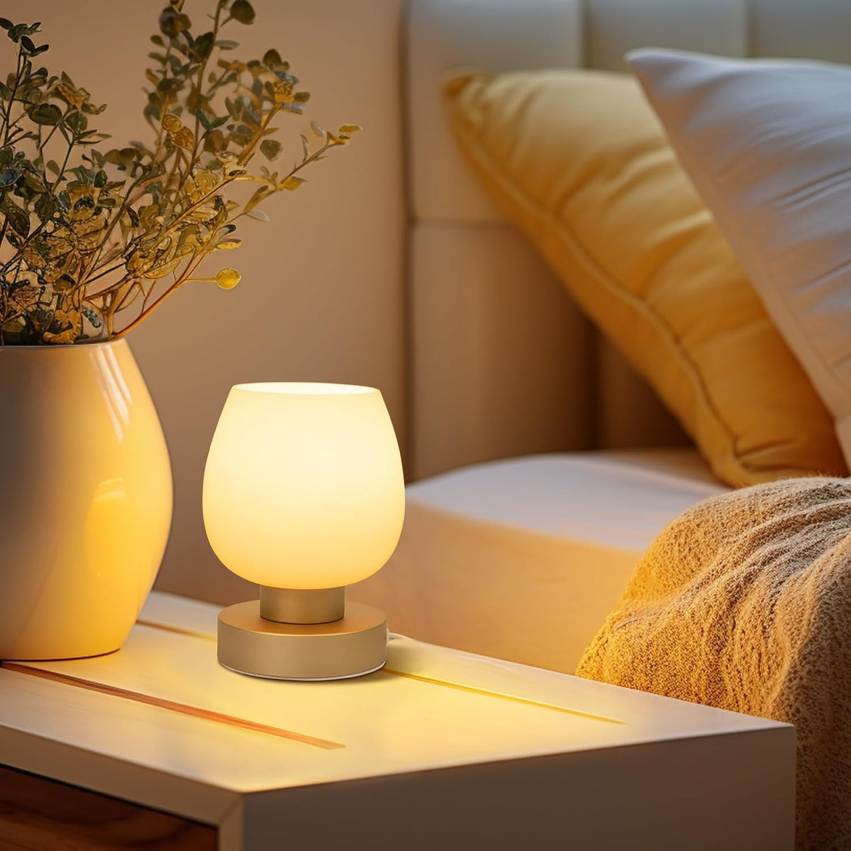 Small Bedside Lamp for Bedroom, 3-Way Dimmable Touch Control, 600 Lumen Bright Opal Glass Shade, 7.5 Inch Ultra Compact Nightstand Lamp, Warm White 2700K LED Bulb Included, Modern Design