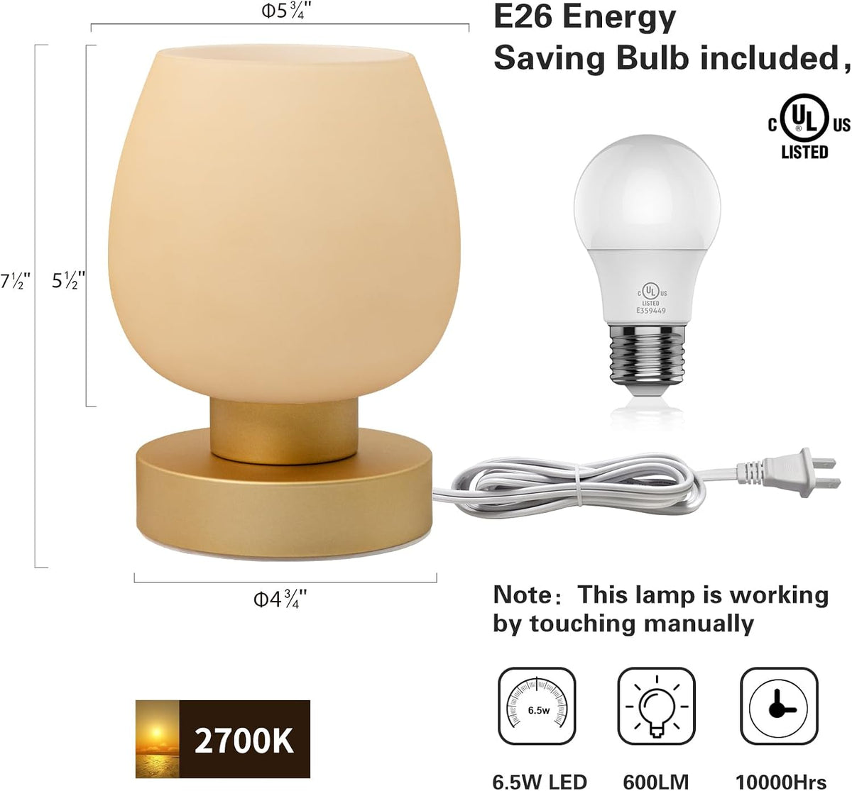 Small Bedside Lamp for Bedroom, 3-Way Dimmable Touch Control, 600 Lumen Bright Opal Glass Shade, 7.5 Inch Ultra Compact Nightstand Lamp, Warm White 2700K LED Bulb Included, Modern Design