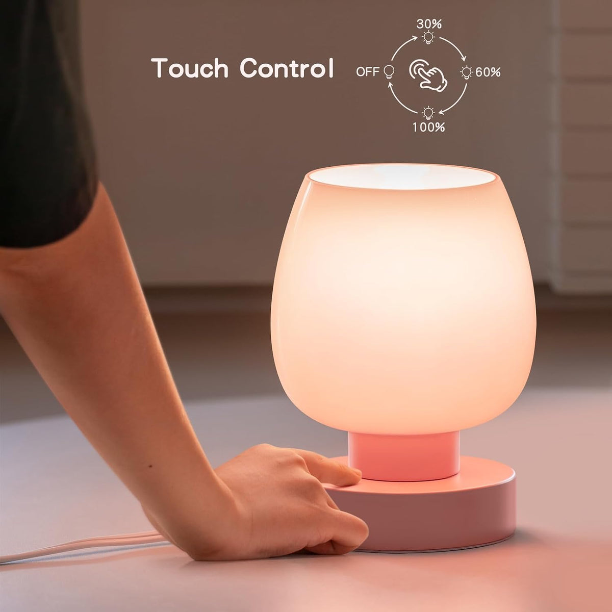 Small Bedside Lamp for Bedroom, 3-Way Dimmable Touch Control, 600 Lumen Bright Opal Glass Shade, 7.5 Inch Ultra Compact Nightstand Lamp, Warm White 2700K LED Bulb Included, Modern Design