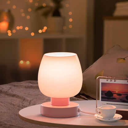 Small Bedside Lamp for Bedroom, 3-Way Dimmable Touch Control, 600 Lumen Bright Opal Glass Shade, 7.5 Inch Ultra Compact Nightstand Lamp, Warm White 2700K LED Bulb Included, Modern Design