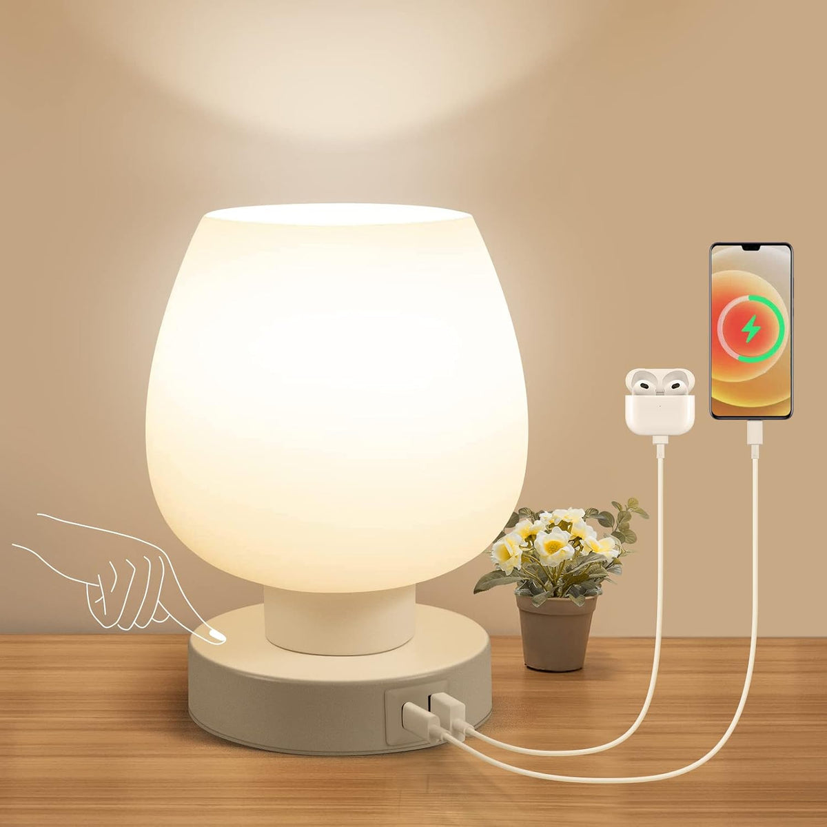 Small Bedside Lamp for Bedroom, 3-Way Dimmable Touch Control, 600 Lumen Bright Opal Glass Shade, 7.5 Inch Ultra Compact Nightstand Lamp, Warm White 2700K LED Bulb Included, Modern Design