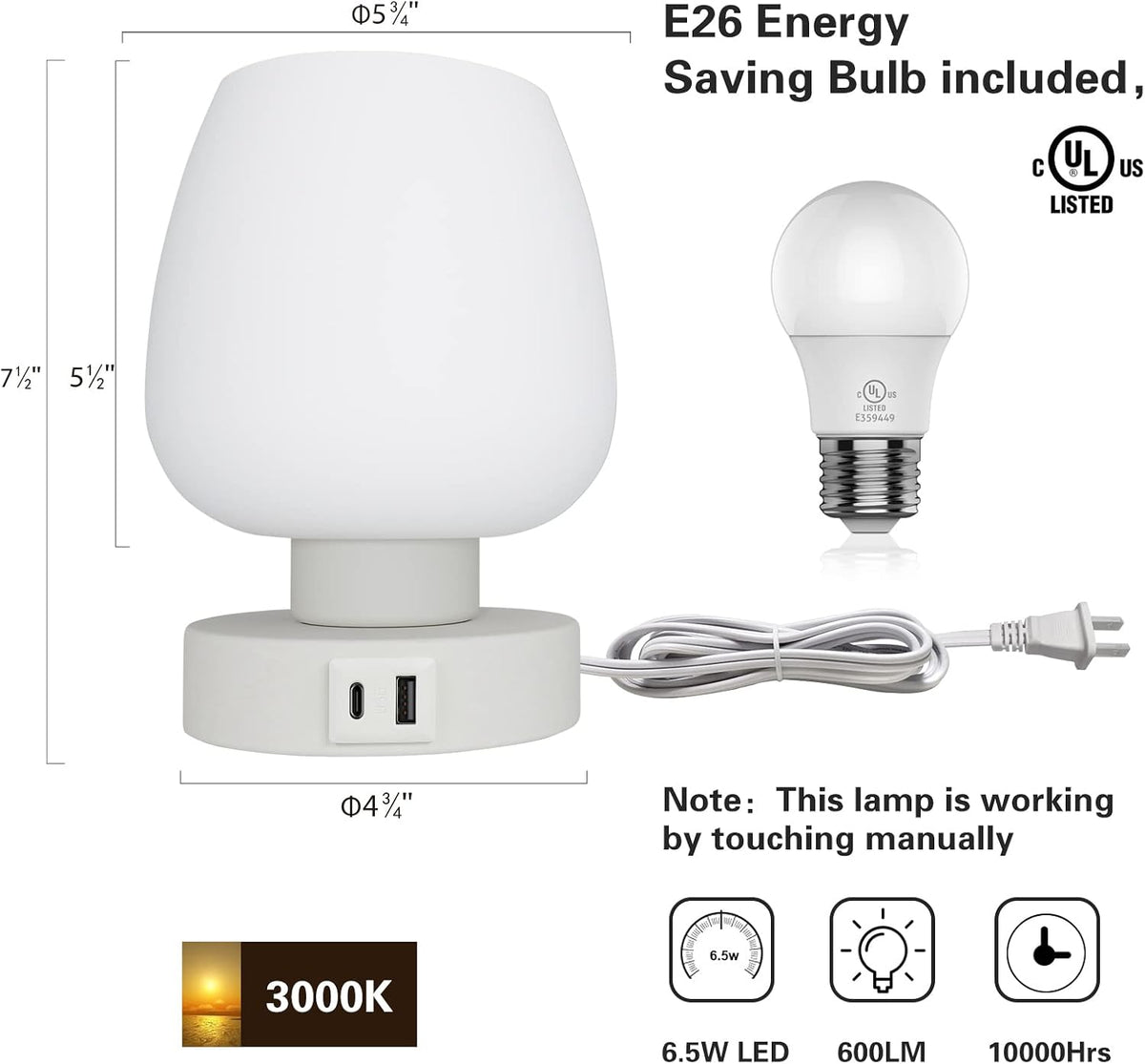 Small Bedside Lamp for Bedroom, 3-Way Dimmable Touch Control, 600 Lumen Bright Opal Glass Shade, 7.5 Inch Ultra Compact Nightstand Lamp, Warm White 2700K LED Bulb Included, Modern Design