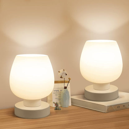 Small Bedside Lamp for Bedroom, 3-Way Dimmable Touch Control, 600 Lumen Bright Opal Glass Shade, 7.5 Inch Ultra Compact Nightstand Lamp, Warm White 2700K LED Bulb Included, Modern Design