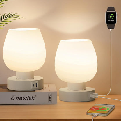 Small Bedside Lamp for Bedroom, 3-Way Dimmable Touch Control, 600 Lumen Bright Opal Glass Shade, 7.5 Inch Ultra Compact Nightstand Lamp, Warm White 2700K LED Bulb Included, Modern Design
