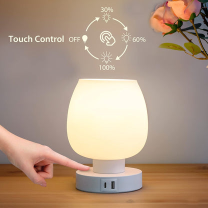 Small Bedside Lamp for Bedroom, 3-Way Dimmable Touch Control, 600 Lumen Bright Opal Glass Shade, 7.5 Inch Ultra Compact Nightstand Lamp, Warm White 2700K LED Bulb Included, Modern Design