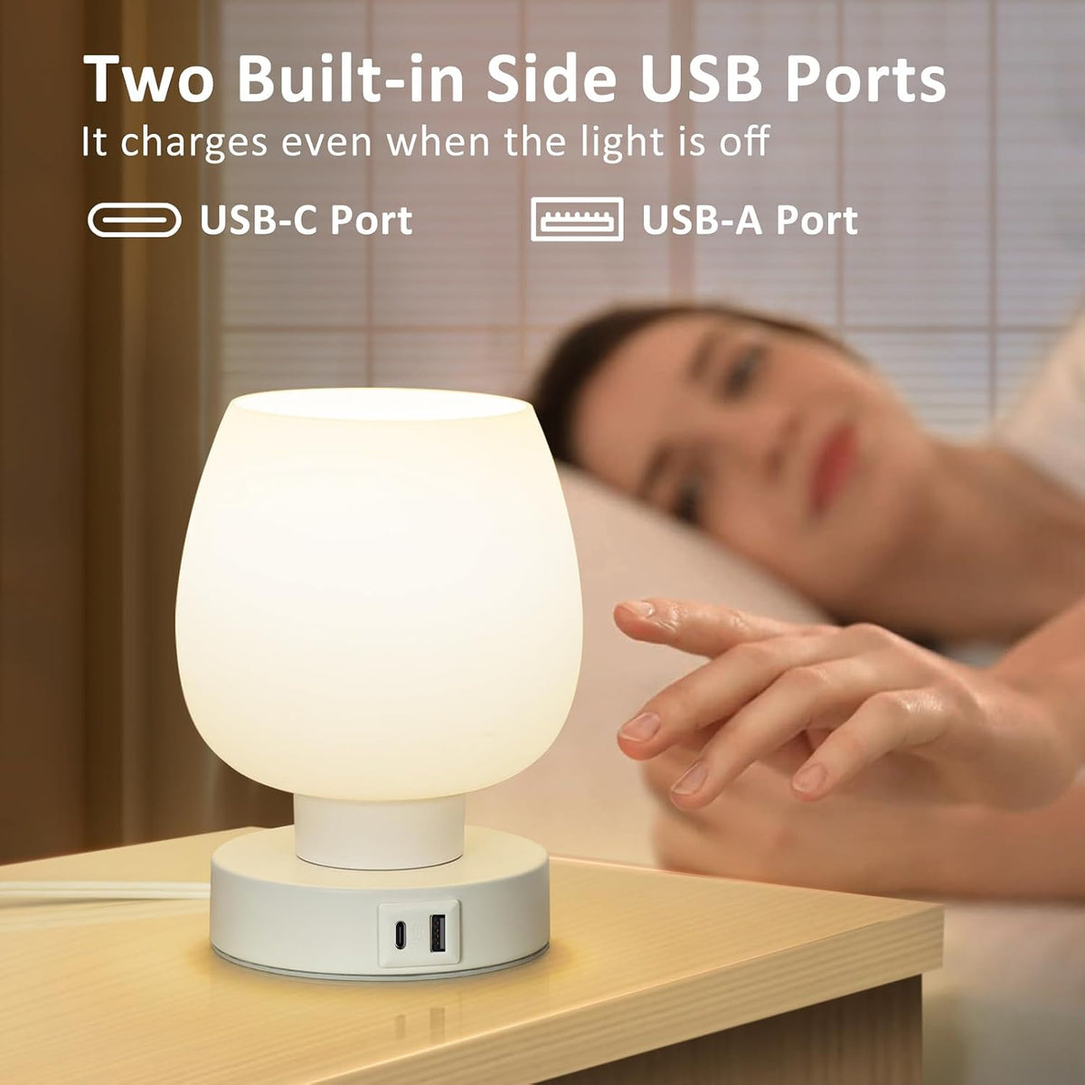 Small Bedside Lamp for Bedroom, 3-Way Dimmable Touch Control, 600 Lumen Bright Opal Glass Shade, 7.5 Inch Ultra Compact Nightstand Lamp, Warm White 2700K LED Bulb Included, Modern Design