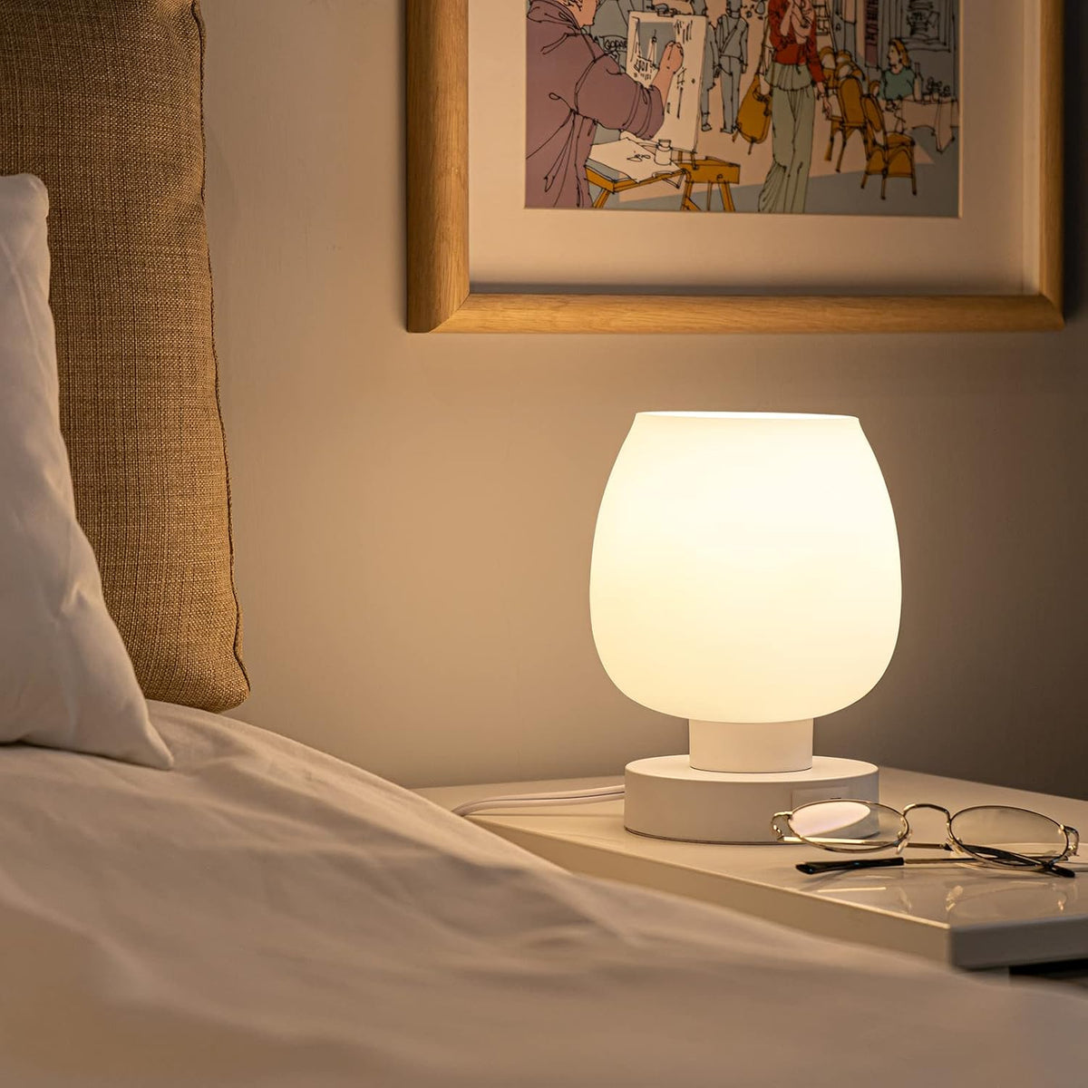 Small Bedside Lamp for Bedroom, 3-Way Dimmable Touch Control, 600 Lumen Bright Opal Glass Shade, 7.5 Inch Ultra Compact Nightstand Lamp, Warm White 2700K LED Bulb Included, Modern Design
