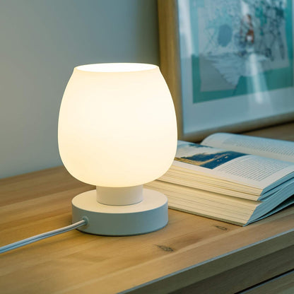 Small Bedside Lamp for Bedroom, 3-Way Dimmable Touch Control, 600 Lumen Bright Opal Glass Shade, 7.5 Inch Ultra Compact Nightstand Lamp, Warm White 2700K LED Bulb Included, Modern Design