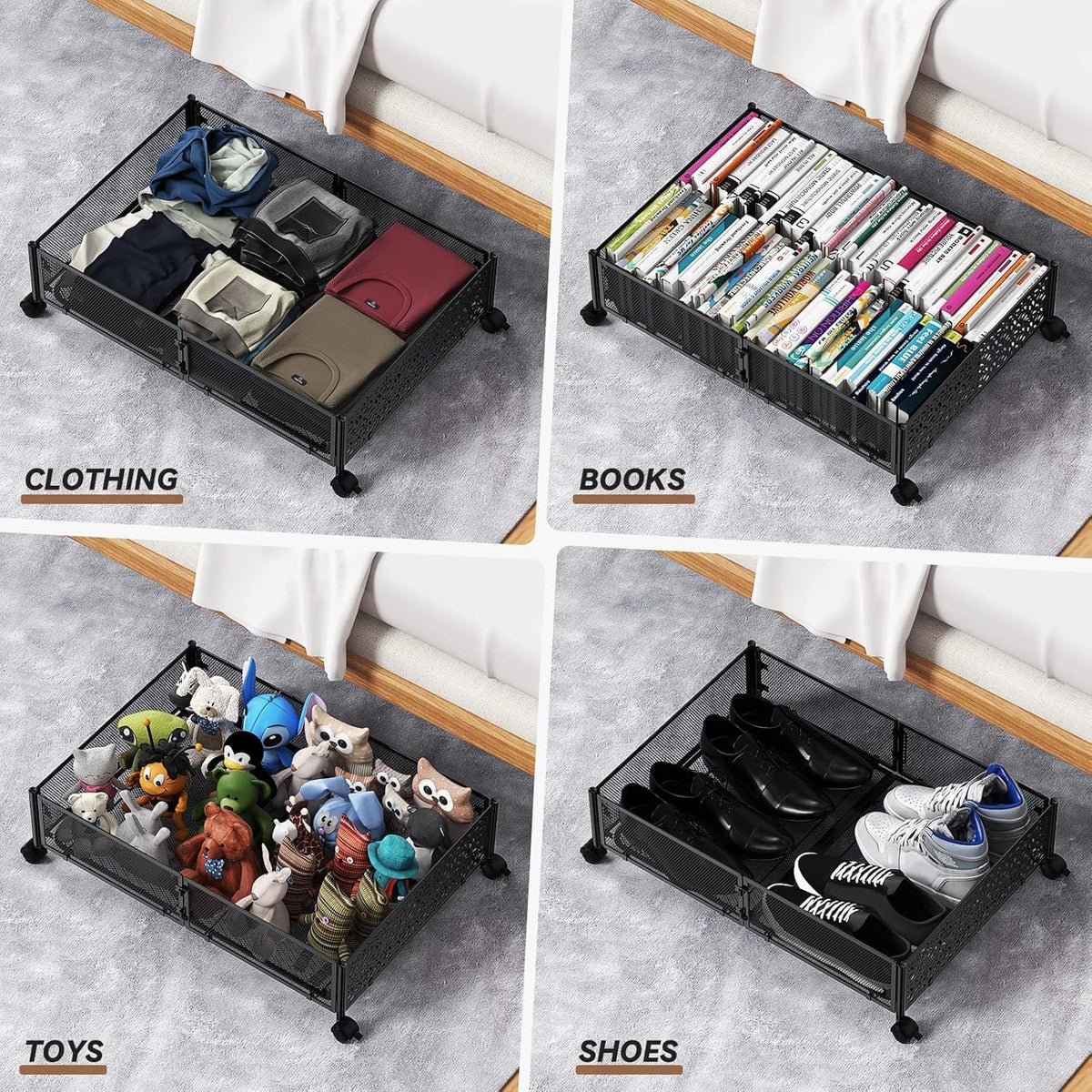 Under Bed Storage Container with wheels,Patterned,Metal,Black
