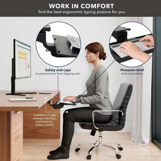 ! Under Desk Keyboard Tray, Adjustable Slide-Out Keyboard & Mouse Platform, 26.38" W × 10" D, Ergonomic Wrist Rest, Height Tilt & Swivel, Heavy-Duty Bolt-On Keyboard Drawer for Home Office