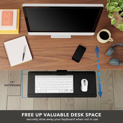 ! Under Desk Keyboard Tray, Adjustable Slide-Out Keyboard & Mouse Platform, 26.38" W × 10" D, Ergonomic Wrist Rest, Height Tilt & Swivel, Heavy-Duty Bolt-On Keyboard Drawer for Home Office