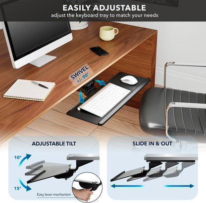 ! Under Desk Keyboard Tray, Adjustable Slide-Out Keyboard & Mouse Platform, 26.38" W × 10" D, Ergonomic Wrist Rest, Height Tilt & Swivel, Heavy-Duty Bolt-On Keyboard Drawer for Home Office